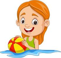 niña feliz de dibujos animados jugando pelota de playa vector