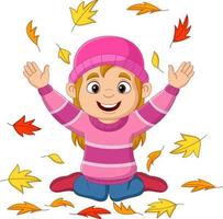 Cartoon little girl throwing autumn leaves vector