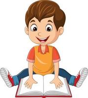 Happy little boy sitting and reading a book vector