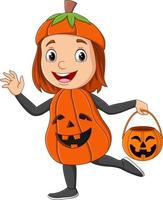 niña de dibujos animados con disfraz de calabaza de halloween con cesta de calabaza vector