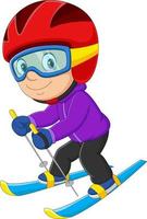 niño pequeño de dibujos animados esquiando cuesta abajo