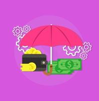 Money currency cash symbol sign. Economy banking dollar security finance. Income business payment concept icon. Mortgage deposit plan risk investment. Savings umbrella shield cost service tax vector