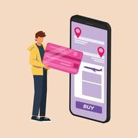 niño que sostiene una tarjeta de débito rosa y que usa para pagar un boleto web en línea en la pantalla del teléfono inteligente. ilustración vectorial