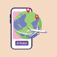 puede viajar por todo el mundo en avión y los boletos se pueden comprar a través de un teléfono inteligente. ilustraciones vectoriales planas aisladas en fondo blanco