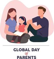 Gathering with family. Mom, dad and daughter at home, mother reads fairy tales to her child. global day of parents. Colored flat graphic vector illustration.