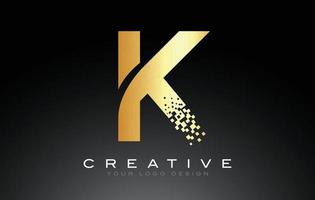 K Initial Letter Logo Design with Digital Pixels in Golden Colors. vector