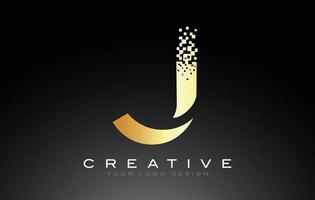 J Initial Letter Logo Design with Digital Pixels in Golden Colors. vector