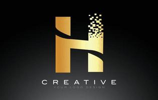 H Initial Letter Logo Design with Digital Pixels in Golden Colors. vector