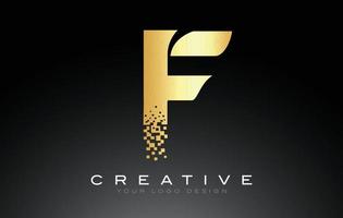 F Initial Letter Logo Design with Digital Pixels in Golden Colors. vector