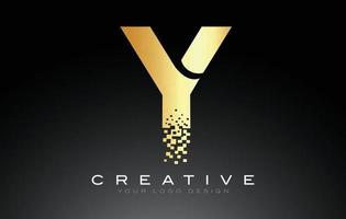 Y Initial Letter Logo Design with Digital Pixels in Golden Colors. vector