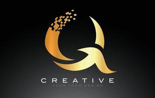 Q Initial Letter Logo Design with Digital Pixels in Golden Colors. vector
