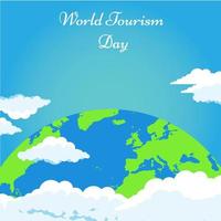 World tourism day background with green Earth and clouds vector illustration poster