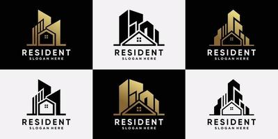 conjunto de plantillas de diseño de logotipo inmobiliario con color de estilo dorado y concepto moderno. logotipo de icono para vector premium de empresa comercial