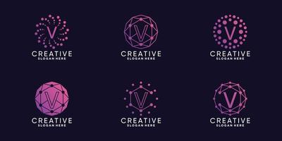 Set bundle monogram logo design technology initial letter v with unique line art and dot style Premium Vector