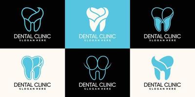 conjunto de diseño de logotipo de clínica dental con estilo de arte lineal y vector premium de concepto de espacio negativo