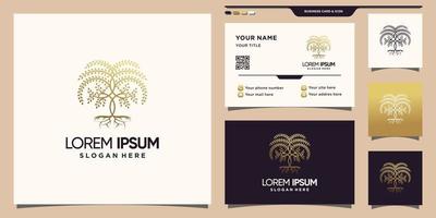 Creative tree logo with golden linear style color and business card design Premium Vector