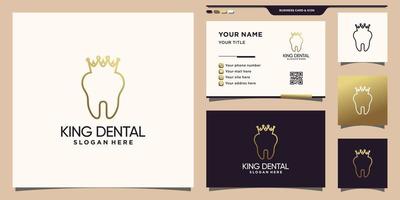 dental y rey creativo, logotipo de corona con estilo de arte de línea y diseño de tarjeta de visita vector premium