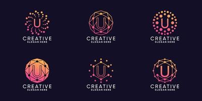 Set bundle monogram logo design technology initial letter u with unique line art and dot style Premium Vector