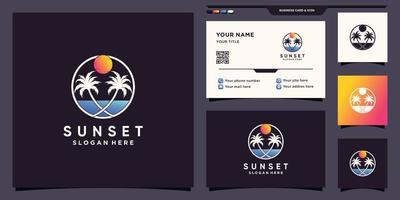 logotipo de la playa al atardecer con concepto de círculo de palmeras y diseño de tarjeta de visita vector premium