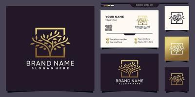 Tree logo with golden gradient style color and business card design Premium Vector