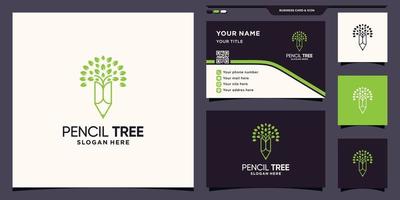 Pencil and tree logo with line art style and business card design Premium Vector