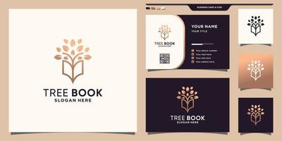 Tree combined book logo with line art style and business card design Premium Vector