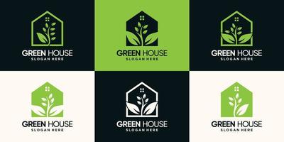 Set bundle of green house logo design with line art style and negative space concept Premium Vector