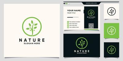 Nature leaf logo with circle line art and business card design Premium Vector