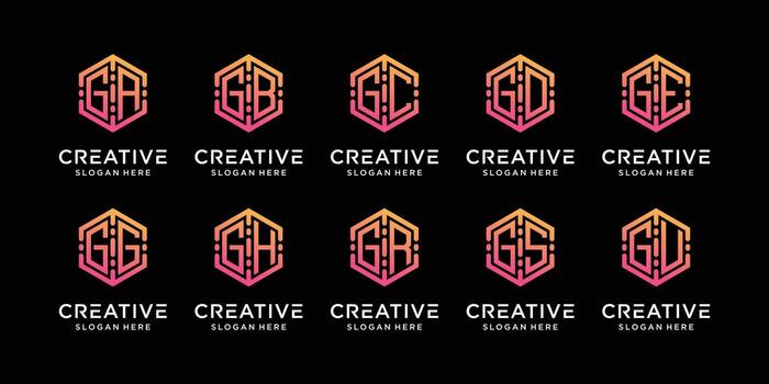 Set bundle of monogram logo design technology initial letter g combined with other in hexagon style vector