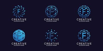 Set bundle monogram logo design technology initial letter f with unique line art and dot style Premium Vector