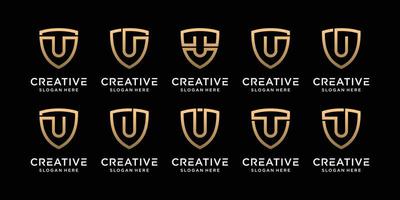 Set bundle monogram shield logo design initial letter u with linear style Premium Vector