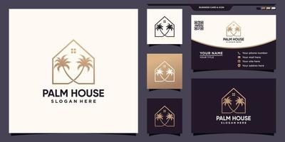 Palm and house logo with unique linear style and business card design Premium Vector