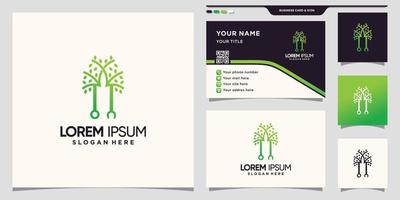 llave inglesa creativa y logotipo de árbol con estilo lineal único y diseño de tarjeta de visita vector premium