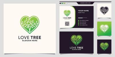 Tree logo template with heart concept and business card design Premium Vector