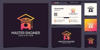 Creative education enginer logo inspiration with line art style and business card design Premium Vector