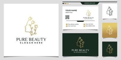 logotipo de cara de mujer y belleza pura simple y elegante con flor de rosa dorada en estilo lineal y diseño de tarjeta de visita vector premium