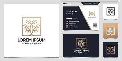 Tree logo with square line art style and business card Premium vector