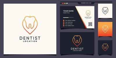 plantilla de logotipo de ubicación de dentista con estilo de arte de línea de punto pin y vector premium de diseño de tarjeta de visita