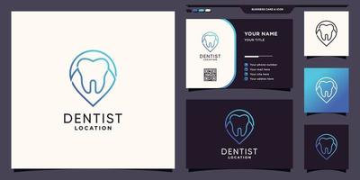 logotipo de ubicación de dentista creativo con estilo de arte de línea de punto pin y diseño de tarjeta de visita vector premium
