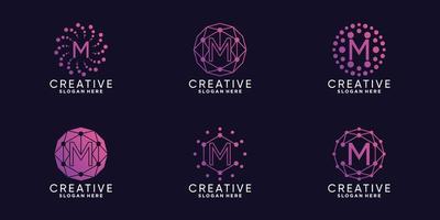 Set bundle monogram logo design technology initial letter m with unique line art and dot style Premium Vector