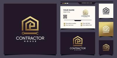 contratista y logotipo de la casa con herramientas en estilo lineal y diseño de tarjeta de visita vector premium