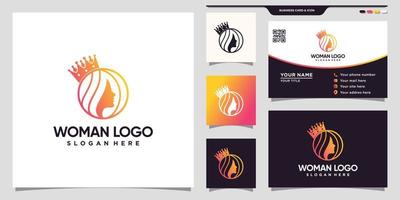 Woman logo and crown with line art style and business card design Premium Vector