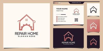 Repair home logo with unique line art style and business card design Premium Vector