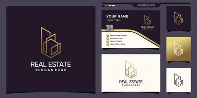 Real estate logo with  golden line art style and business card design Premium Vector