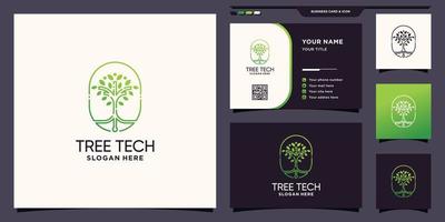 Tree logo design technology with unique line art style and business card design Premium Vector