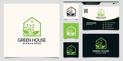 Green house logo with natural leaf concept and business card design Premium Vector