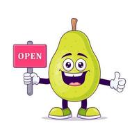 Cute pear holding open sign cartoon vector illustration