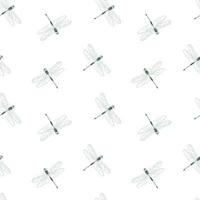 Seamless pattern of green dragonflies in contour style vector