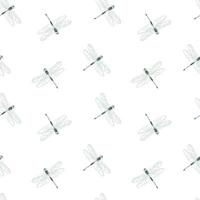 Seamless pattern of green dragonflies in contour style vector