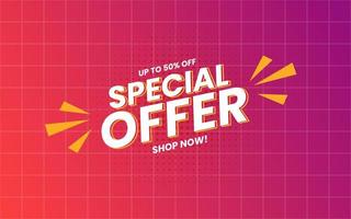 Special Offer up to 50 percent off all item store banner promotion with gradient background. Vector illustration